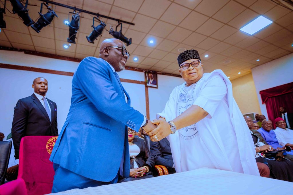 Delta State Governor, Rt Hon Sheriff Oborevwori (left), congratulating Pastor Austin Igbine shortly after inaugurating him as the Chairman, Delta Printing and Publishing Cooperation (THE POINTER), Board in Asaba.