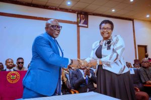 Delta State Governor, Rt Hon Sheriff Oborevwori (left), congratulating the newly appointed Head of the State Civil Service, Dr Mrs Mininim Oseji shortly after she was sworn-in in Asaba
